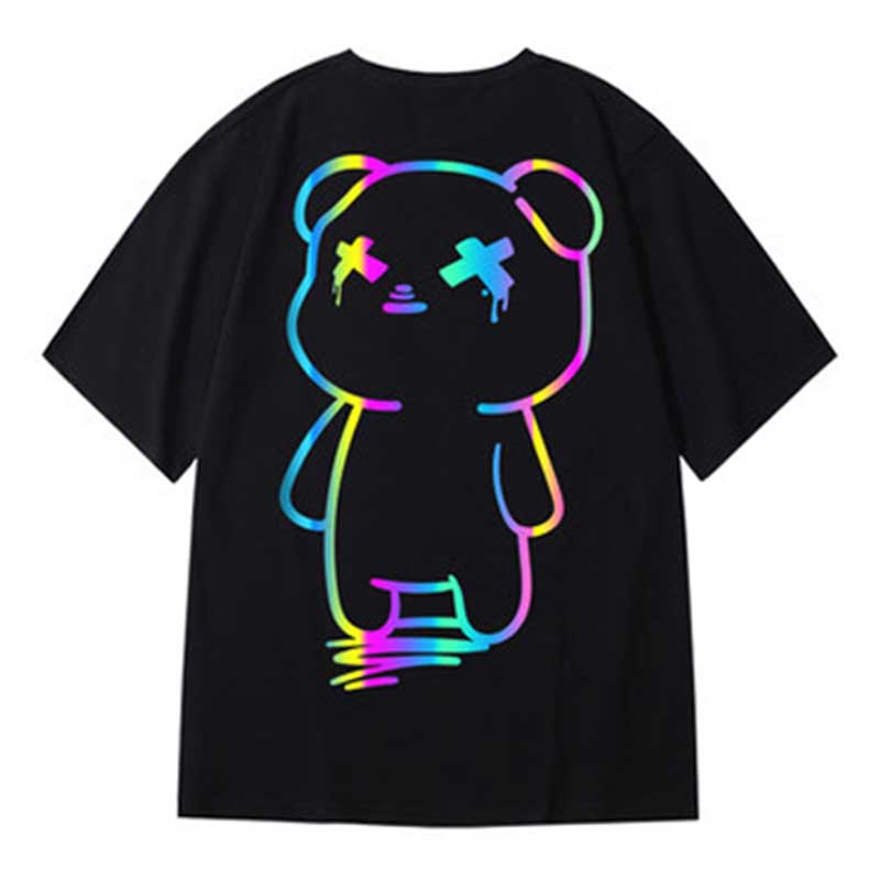 Cartoon Bear Print Reflective Rainbow T